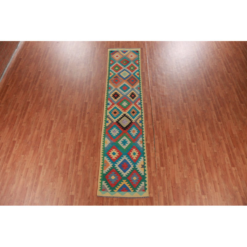 Tapis de couloir oriental géométrique en laine Kilim 3 x 13