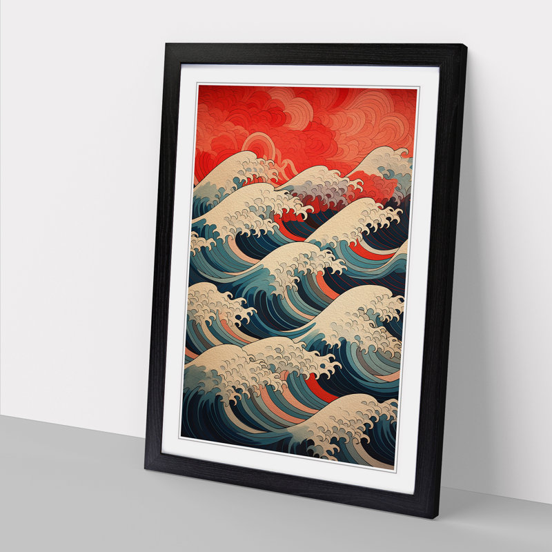 Wave Japanese Geometric Art - Framed Print, 46cm H x 34cm W, Black Framed