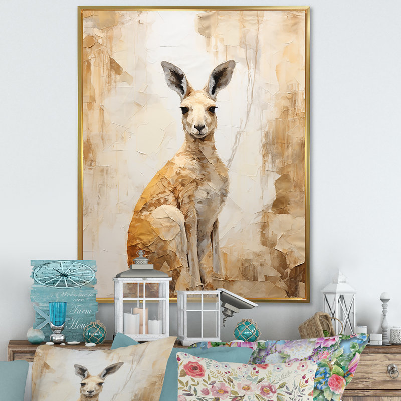 Minimal charmant kangourou sur toile, Cadre flottant doré, H 32 po x l 24 po x P 1 po