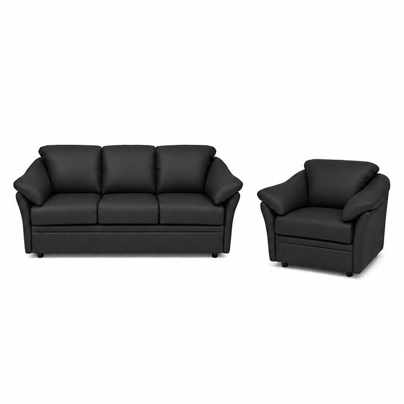 Ensemble de canapés en cuir Ramdev, Cuir véritable noir, Canapé, chaise