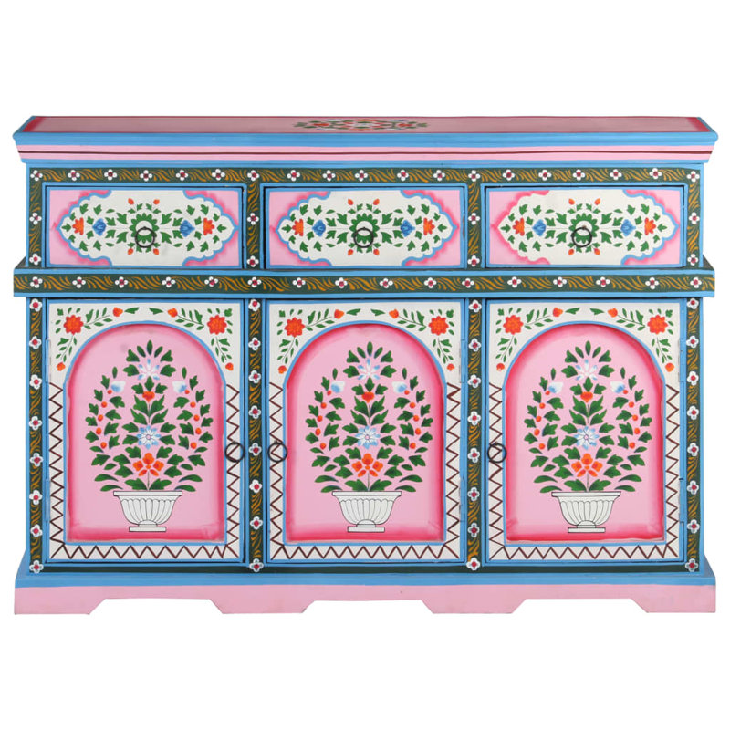 Sideboard Storage Cabinet for Dining Room Multicolor Solid Wood Mango, Pink/Green