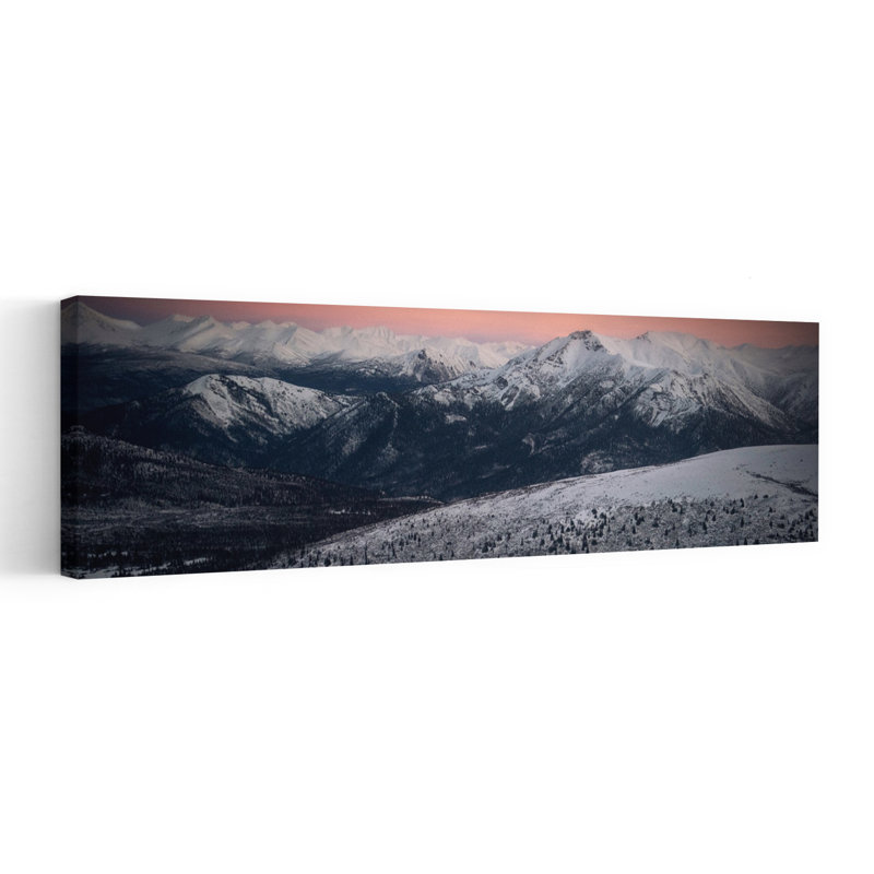 Snowy Peaks at Sunset Serene Abstract Contemporary Evergreen Tree Forest Landscape Art mural, H 36 po x l 12 po