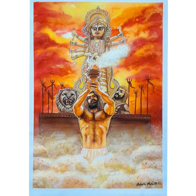 «Devotee of Goddess Durga», peinture à l'aquarelle sur papier - Art spirituel indien contemporain de 16 po x 11 po par Sudipta Sana
