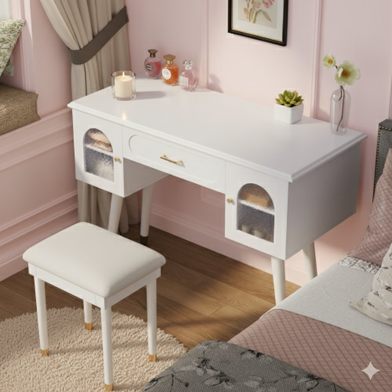 Elegant Vanity Makeup Table And Chair Set. A Modern Dressing Table With An Organizer, Can Also Function As A Writing Desk, And Includes A Charging Port, In White.