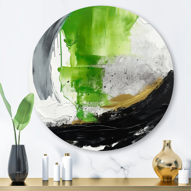 «Green and Black Geometric Enchantment I», art mural rond en marbre abstrait, H 36 po x l 36 po x P 1 po