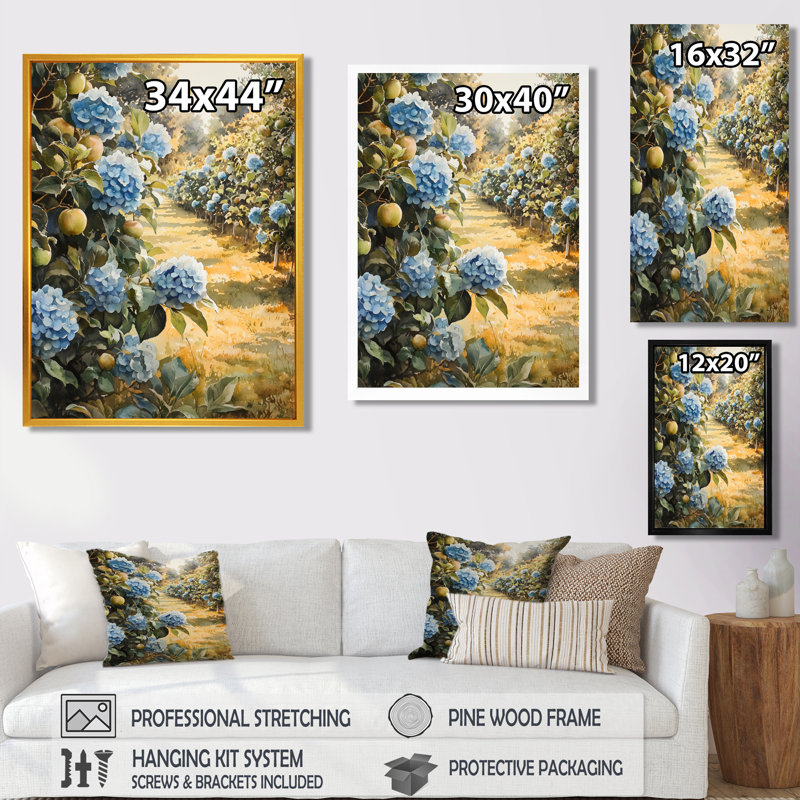 «Emrich Hydrangeas In The Apple Orchard I», art mural sur toile Hydrangea, Impression encadrée sans passe-partout, Blanc