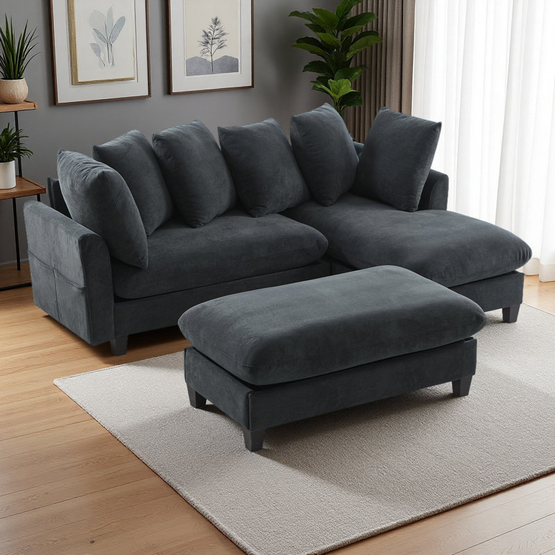 Canapé modulaire en L de 83 po avec canapé L 83 po avec amplement d'espace de rangement, repose-pieds mobile et six coussins décoratifs