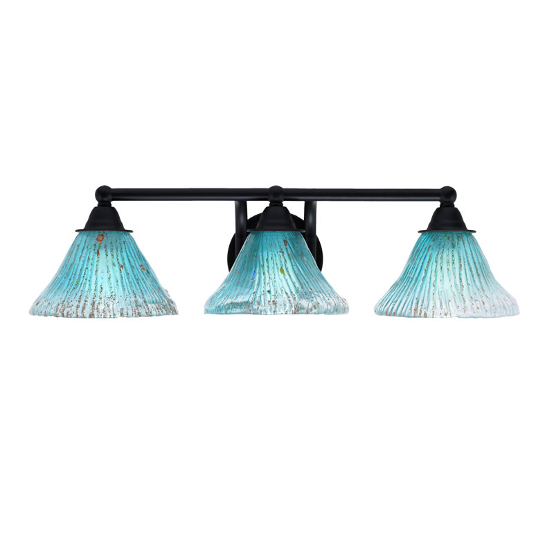 Paramount 3 Light Bath Bar Shown In Matte Black Finish With 7" Teal Crystal Glass