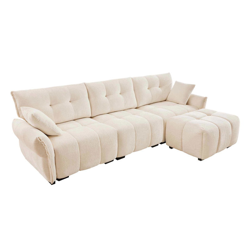 Canapé 3 places avec repose-pieds Chenille, Blanc
