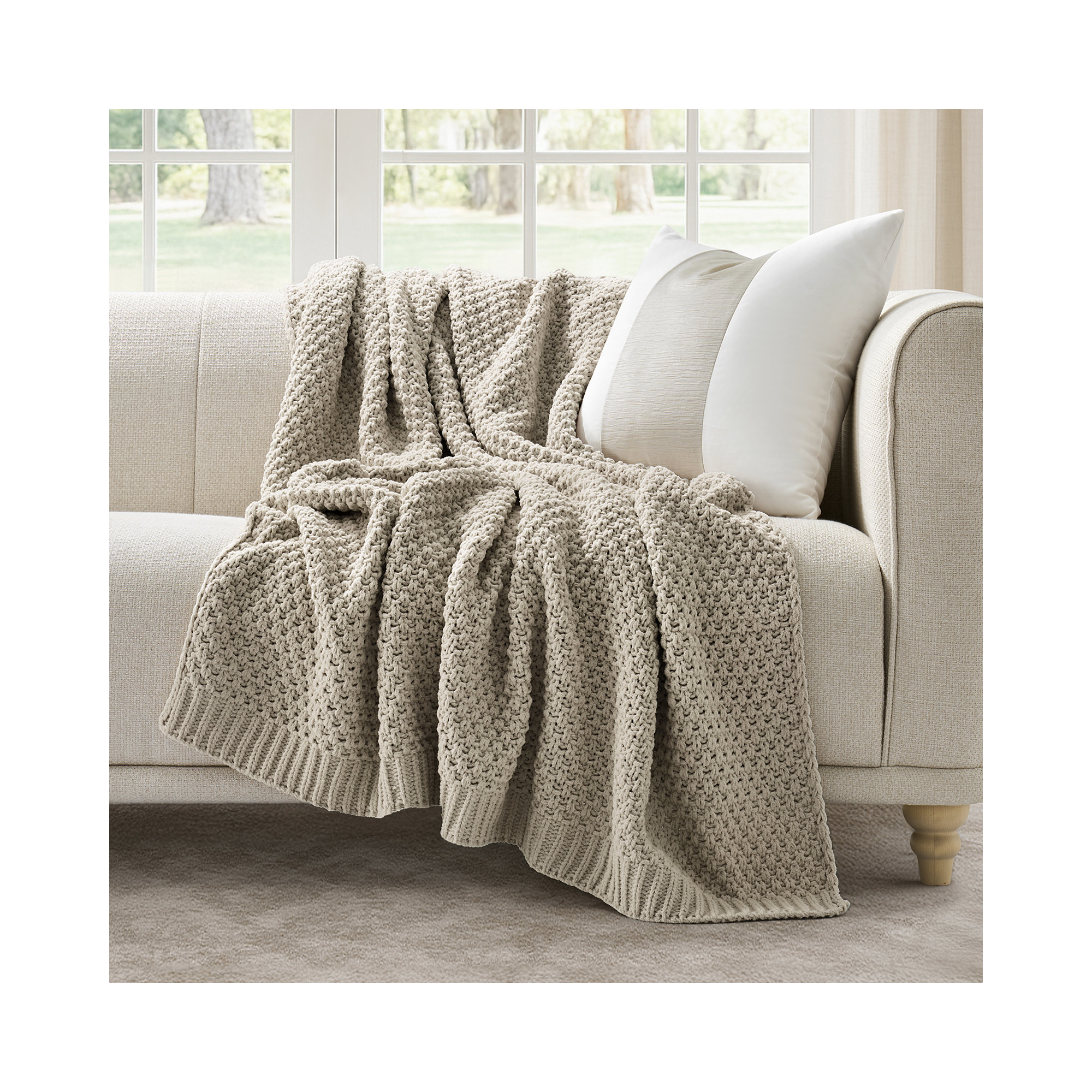 Chunky Chenille Knit Throw Blanket, Warm Gray, 60" L x 50" W