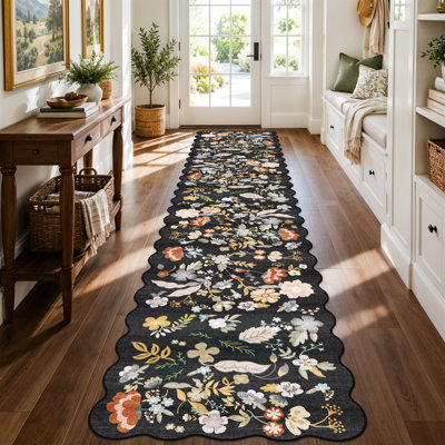 Hallway Runner Rug Washable: Extra Long Floral Scalloped Carpet Runner Non Slip Boho Rug Runner for Indoor Entryway Stain Resistant Rug Runners for Living Room (Black)