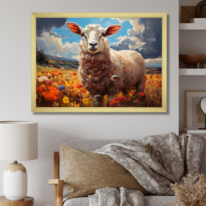 " Sheep Vibrant Meadows ", Gold Single Picture Framed, 12" H x 20" W x 1" D