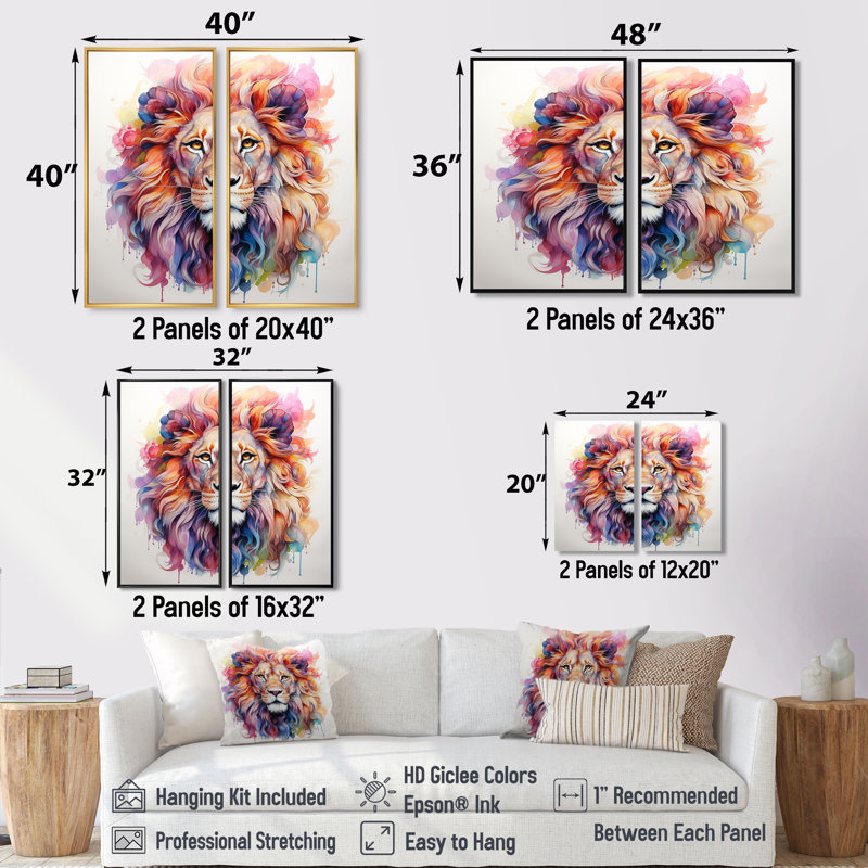Portrait de lion royal coloré - art mural sur toile grand lion, H 36 po x l 48 po, Impression encadrée flottante, Noir