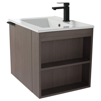 Ebern Designs 24" Elmridge Modern Bathroom Vanity with White Ceramic Sink - Wide Open Right Side Shelves