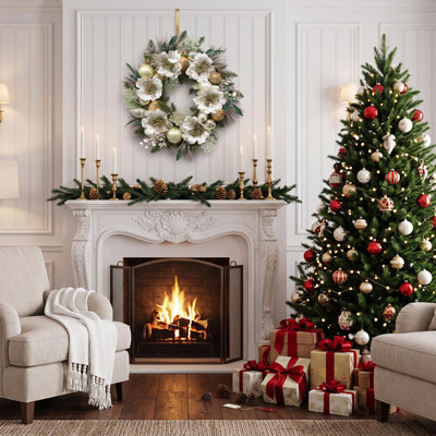 24" Lifelike Amaryllis Christmas Wreath with LED Lights and Electroplated Ornaments