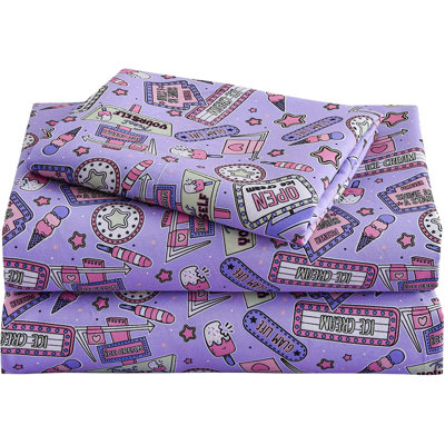 Ensemble de draps pour enfants, draps 4 pièces, drap-housse en microfibre avec poche profonde de 15 pouces et sangles de coin, imprimé Cool Girl