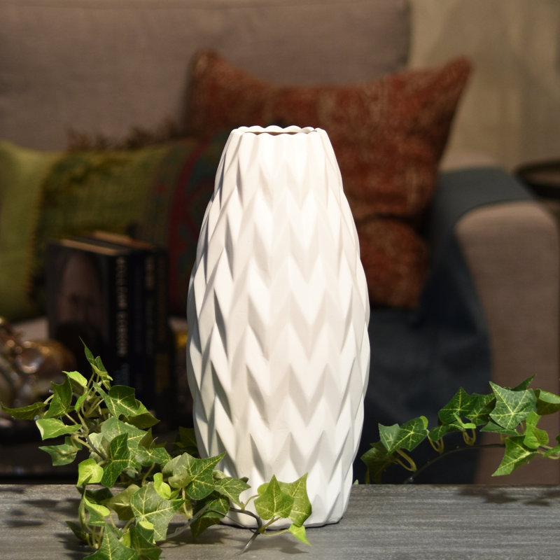 Dolloff Ceramic / Porcelain Table Vase, White, 14.25" H x 6" W x 6" D