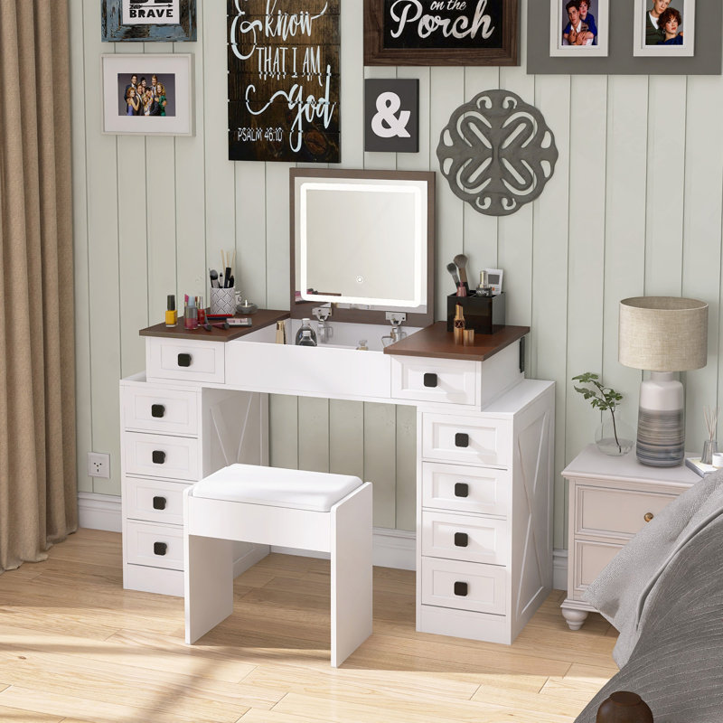 Meuble-lavabo avec éclairage à DEL à intensité variable avec 10 tiroirs, table de maquillage avec miroir rabattable pour économiser de l'espace, grand ensemble de coiffeuse avec tabouret et tiroirs, fini blanc et noyer