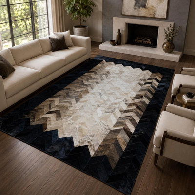 Tapis en cuir de vache fabriqué à la main à motif de chevrons en cuir à motif géométrique
