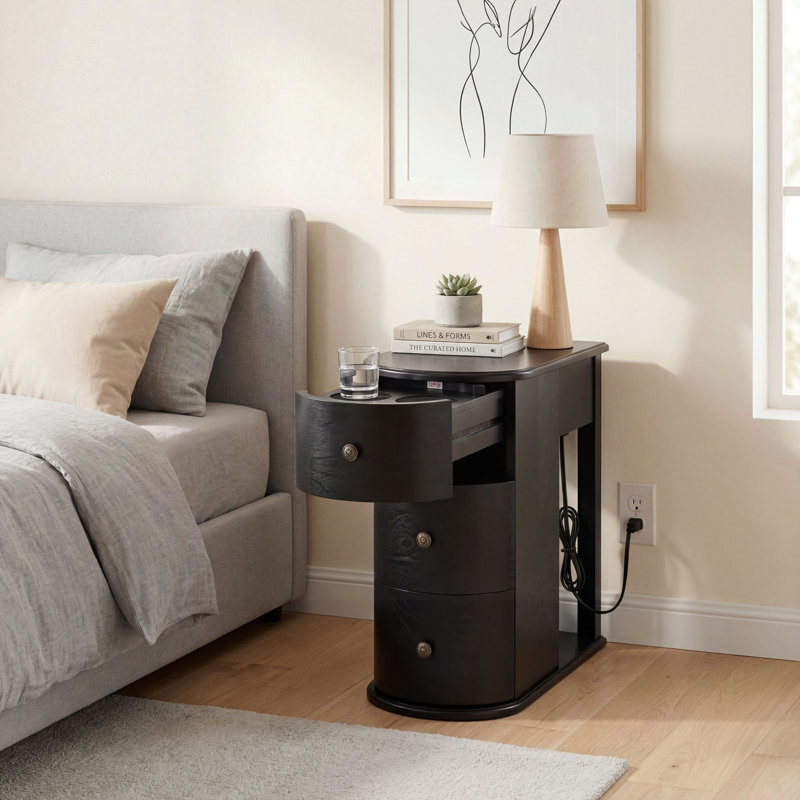 Table de bout avec porte-gobelet dissimulé et station de charge, Black, Black, Black