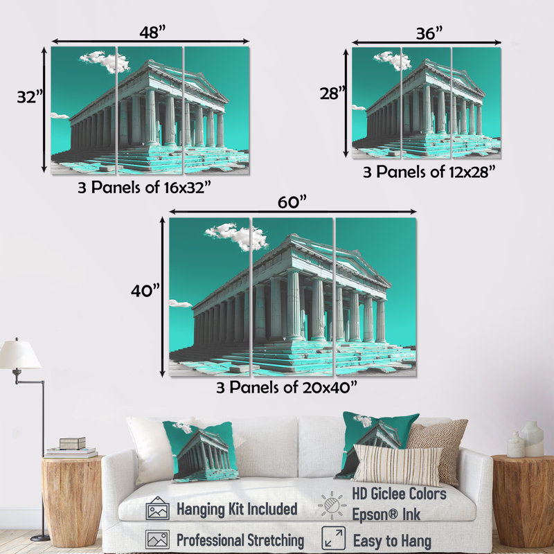 Ensemble de décorations murales vert et blanc, monument historique grec et photo II, H 40 po x l 60 po x P 1 po