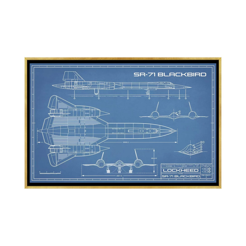 « SR-71 »-plan d’un avion d’espion-dessin imprimé, Pas de tapis, H 26 po x l 40 po x 1,5 po, Toile encadrée d'or