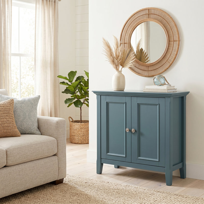 Manervia 32"W Solid Wood Transitional Low Storage Cabinet With 2 Doors And Adjustable Shelves, French Blue