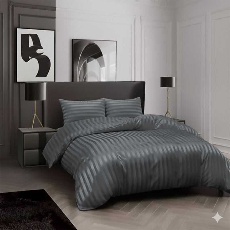 Microfiber Striped Duvet Cover Set with Matching Pillowcases and Stripe Fitted Sheet, Grey