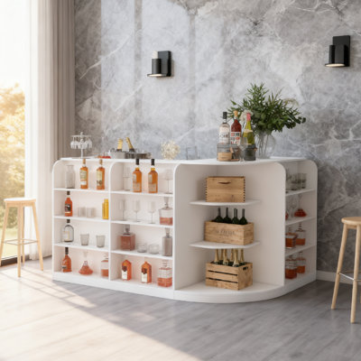 70.9" Wide L-Shaped Home Bar With 3 Drawers + 1 Storage Cabinet + Multi-Layer Display Rack by Latitude Run