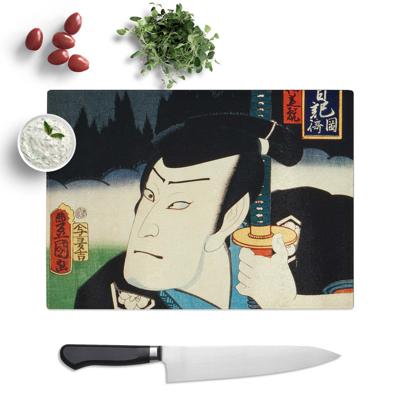 Tempered Glass Man Holding a Samurai Sword by Toyohara Kunichika Chopping Board, 39 cm x 28.5 cm