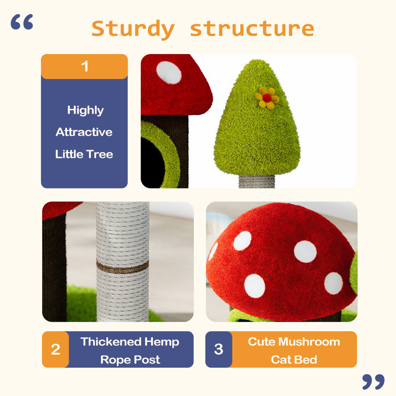 Tour pour arbre à chat 30,7 po moderne avec maison de chat à thème champignon et poteaux à griffer en sisal, convenant à une utilisation à l'intérieur et à plusieurs chats