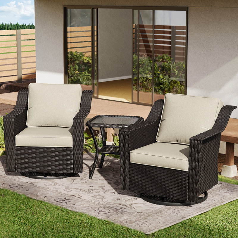 Ensemble de conversation en rotin pour 2 personnes avec table d'appoint, 2 chaises pivotantes et coussins beiges, Beige