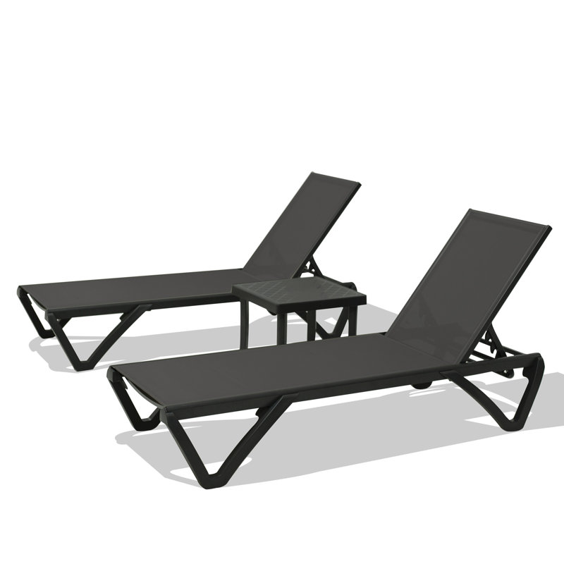 Ensemble de 2 chaises longues pour piscine avec table d'appoint, chaise longue d'extérieur réglable en aluminium sur roulettes, chaises de piscine toutes saisons pour patio, terrasse, textilene - gris foncé