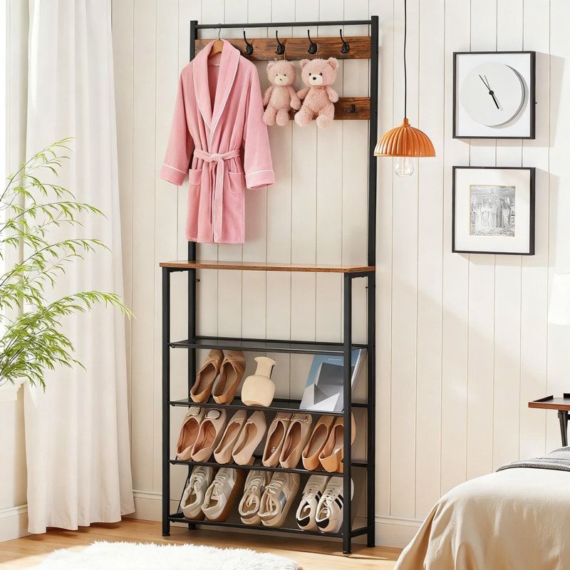 Slim Hall Tree With Bench, 5-Tier Shoe Rack And Coat Rack Entryway Storage Organizer For Small Spaces, Industrial Rustic Brown Design
