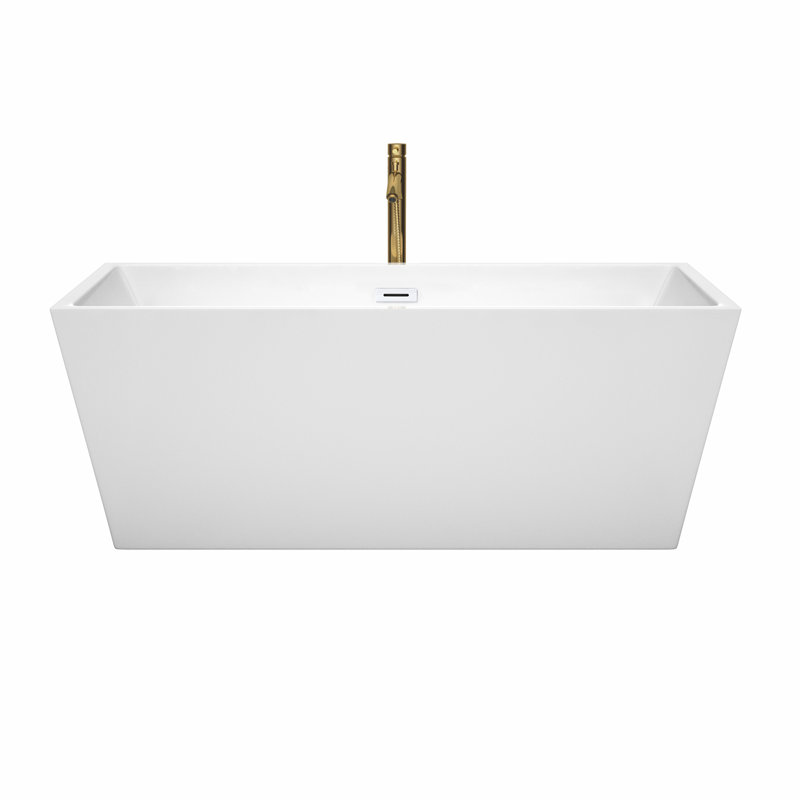 Baignoire de trempage autoportante en acrylique avec robinet 63 po x 32 po Sara, Blanc / blanc brillant / or brossé