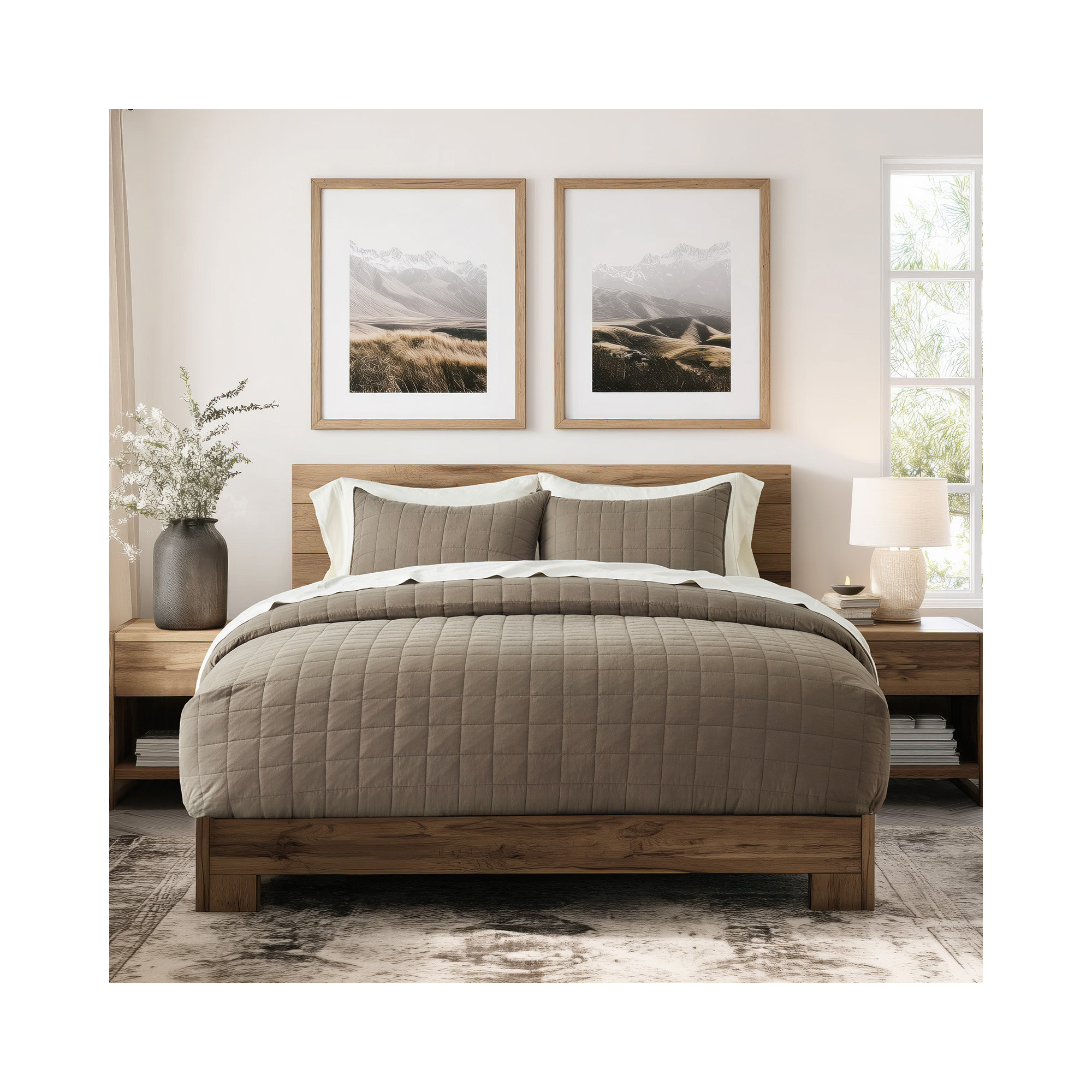 100% Cotton Box Stitch Quilt Set, Mocha Brown, Queen Quilt + 2 Queen Shams