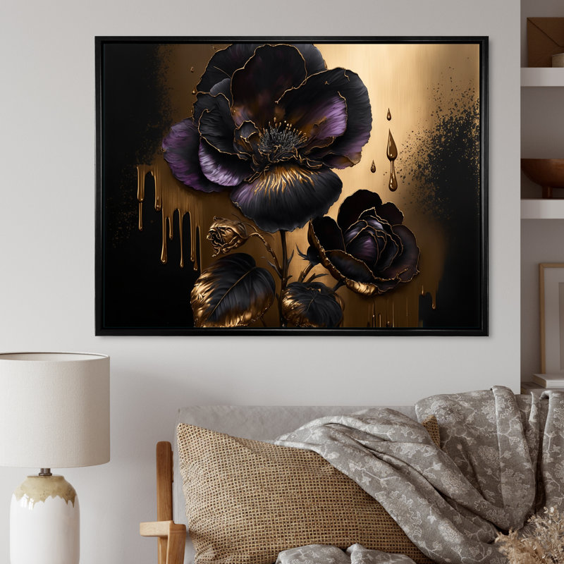 «Black and Gold Violets II» - art mural violet pour le salon, H 24 po x l 32 po x P 1 po, Cadre flottant noir