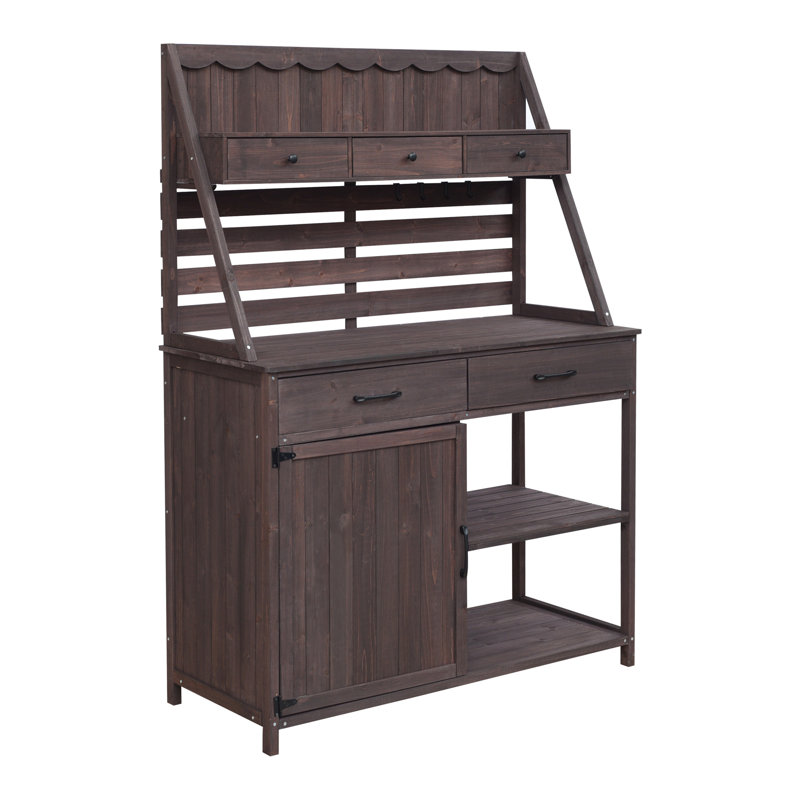Banc de jardinage en bois de sapin brun - poste de travail de jardin à 5 tiroirs avec panneau arrière à lattes et armoire de rangement