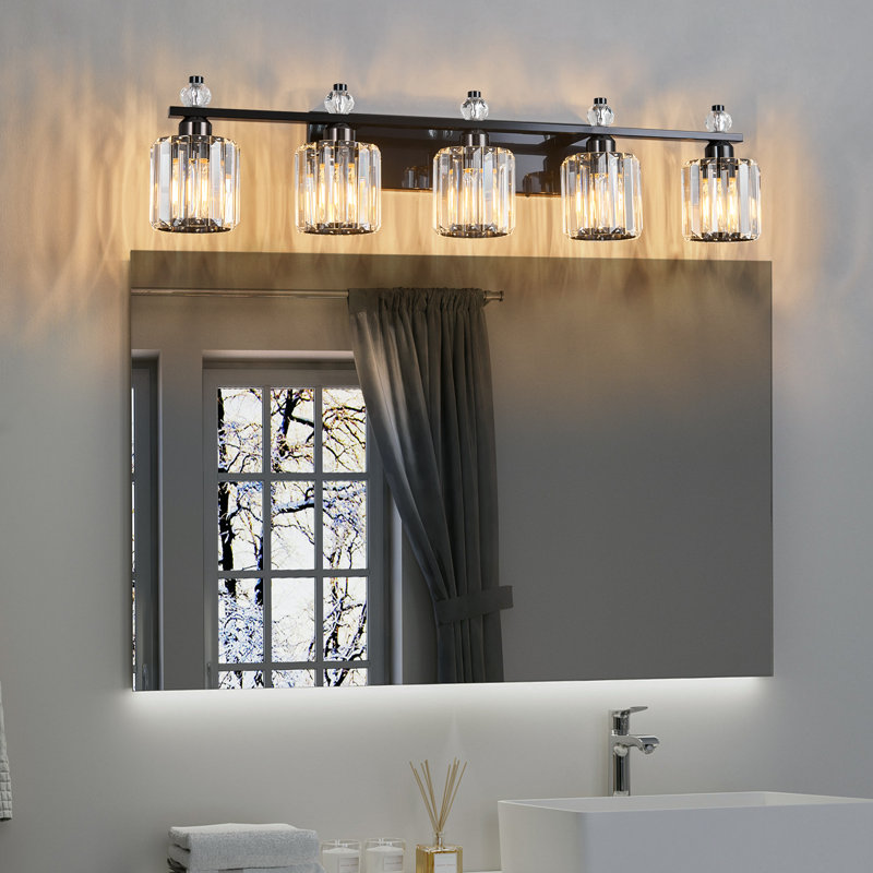 Lampe de meuble-lavabo moderne en cristal avec abat-jour cylindrique, Noir plaqué, 5 lumières
