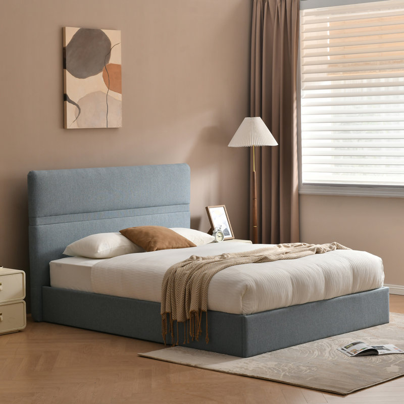 Lit plateforme tapissier avec rangement Montel, Bleu lac, Double