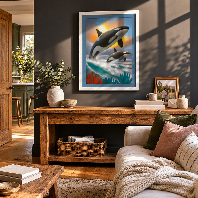 Whales at Sunrise Coastal 1 Piece Single Picture Frame Wall Art, A2 - 59.4 x 42.0 cm, White