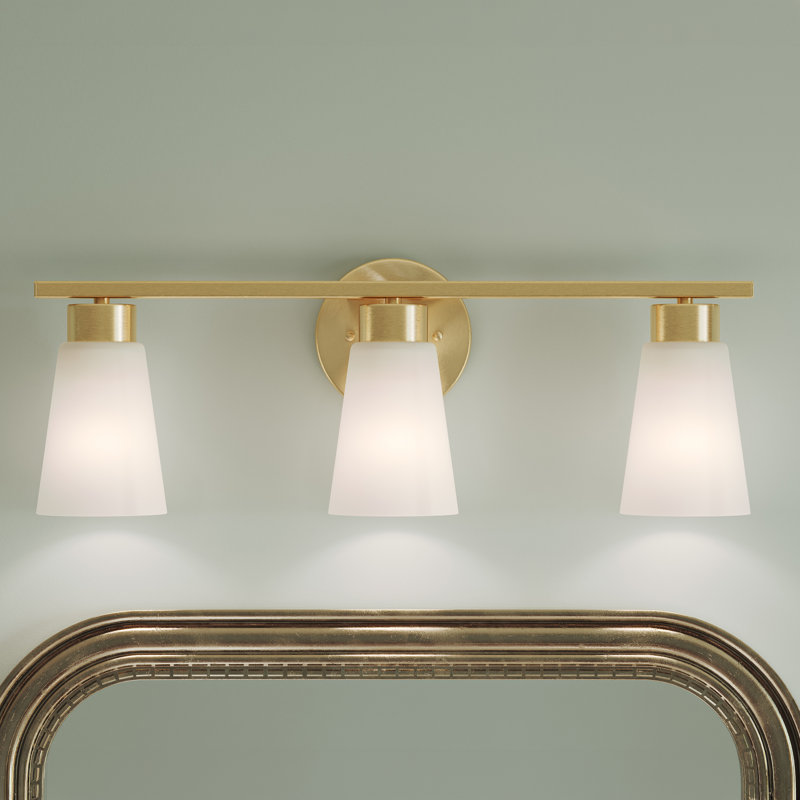 Éclairage pour salle de bain à 3 lumières 22,25 pouces avec verre satiné gravé Stamos, Satin Etched, Brushed Gold, 3