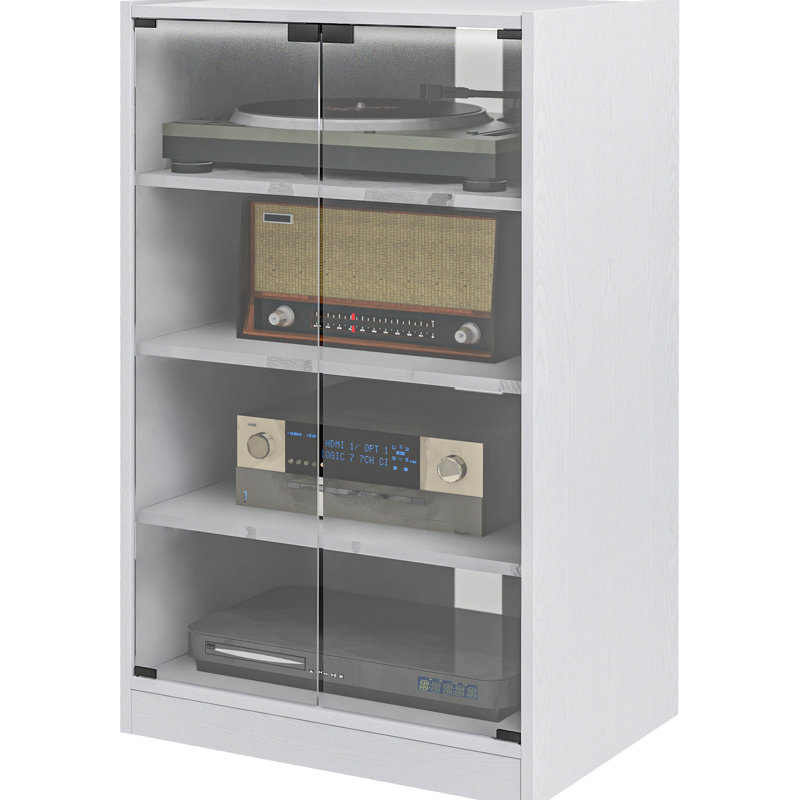 4 armoires audio, moderne avec tablettes réglables et portes en verre trempé, gestion par câble, tablette média blanc frais vieilli, tablettes, gestion pour lecteurs et enregistreurs