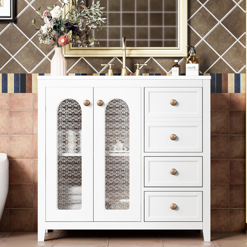 Meuble-lavabo de 36,73 po avec base en bois massif, portes en verre et fermeture silencieuse avec poignées dorées luxueuses, protection pour trou de trop-plein d'armoire