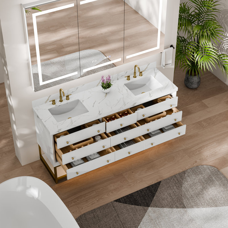 Meuble-lavabo double 72 po avec comptoir en pierre d'ingénierie, double lavabo sous comptoir, tablette DEL et 9 tiroirs à fermeture en douceur - armoire noire ou blanche