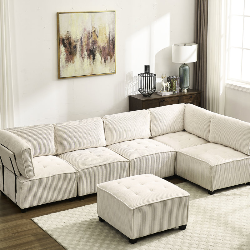 Canapé modulaire en forme de U à 6 places avec velours côtelé beige lisse pour sièges confortables convertibles en Scratch