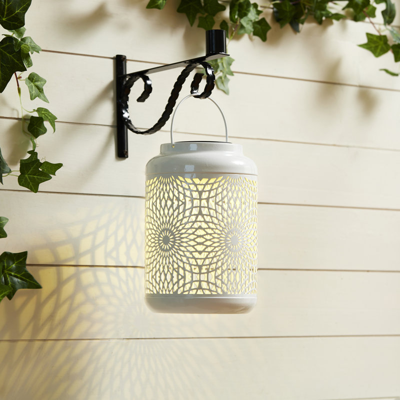 8.75"H Metal Cutout Solar Powered Outdoor Hanging Lantern, White