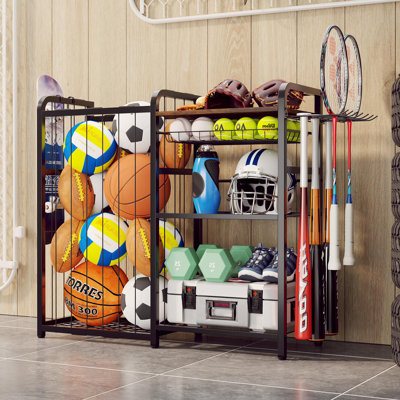 Garage Sports Equipment Organizer, Ball Storage For Gear And Toys, Large Capacity, Sports Organizer For Garage With Hooks And Baskets, Black