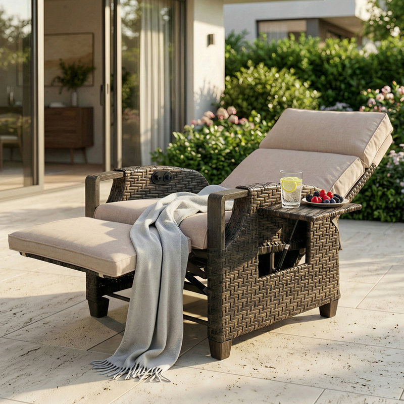 Air Pump Outdoor Lounge Chair, Independent Back & Footrest Adjustment, Beige, Dark Brown