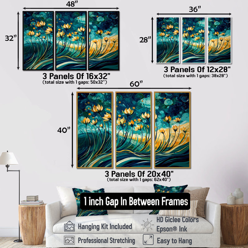 Ensemble de salon vert et jaune Herbes Chive Symphony I - Floral Herbs Wall Art, Toile avec cadre flottant noir